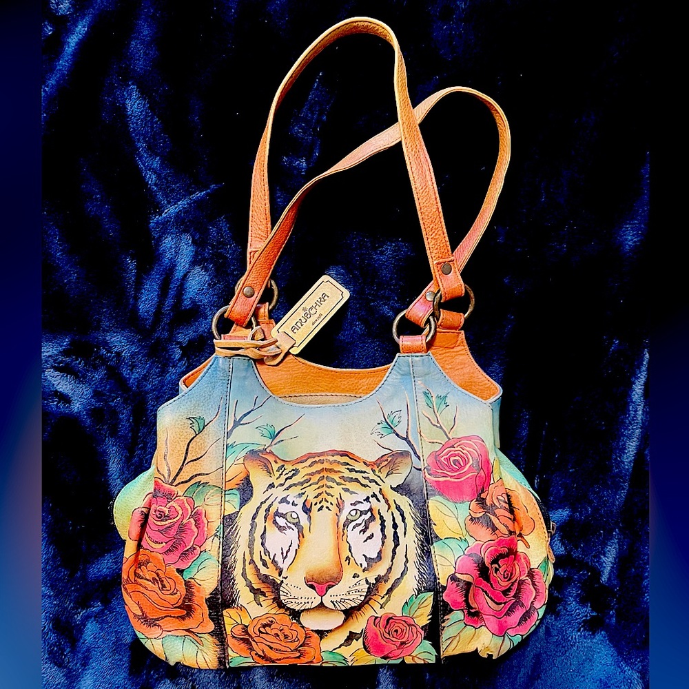 Anuschka Hand Painted Tiger in Love Triple Compartment Satchel